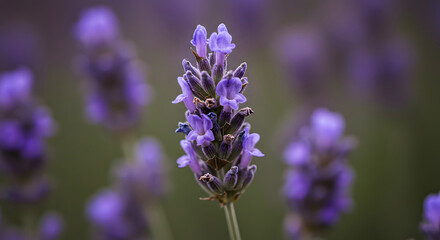 Fototapeta premium A Close-up Macro Shot of a Fragrant Lavender Flower in a Field with a Soft Bokeh Background
