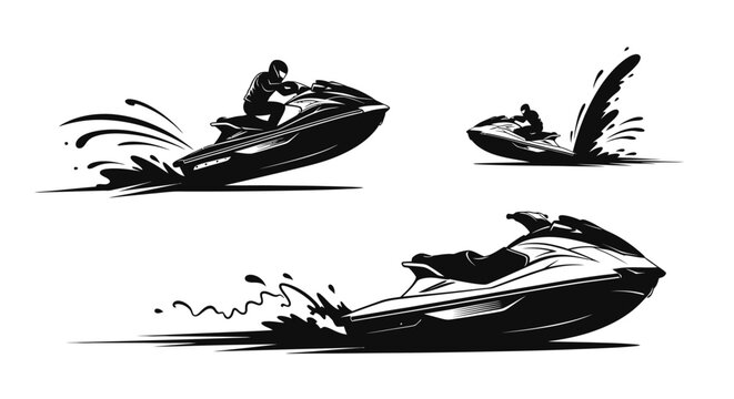 Jet ski riders speeding across water in dynamic black and white