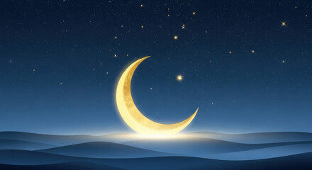Fototapeta premium Crescent moon in starry night sky with glowing light on dark blue wavy landscape for celestial and spiritual themes.