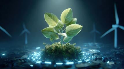 Eco energy plant concept digital circle glow, green leaf sprout technology climate change hope, clean power future vision