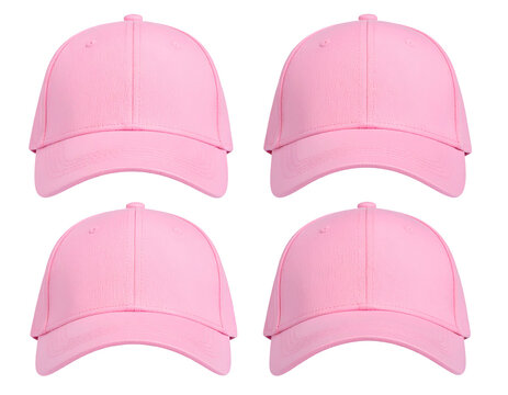 Four pink baseball caps in a grid formation, isolated on black