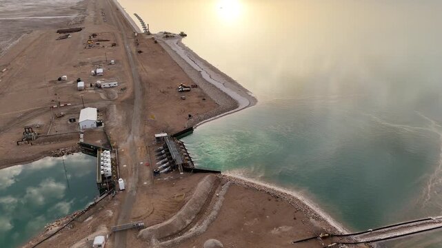 Industrial Pumping Station at the Dead Sea, Aerial View of Salt Production, Israel