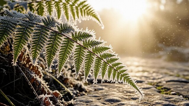 Fern fronds with morning frost above a shallow stream, soft sunrise backlight and sparkling bokeh, calm winter woodland mood for nature wellness and seasonal change
