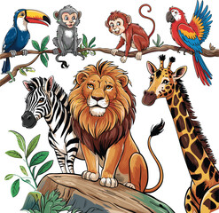 Naklejka premium Cute cartoon safari animals including a lion zebra giraffe monkeys and tropical birds for children education nursery and jungle theme,