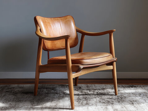 Simple Mid-Century Modern Wood and Leather Armchair