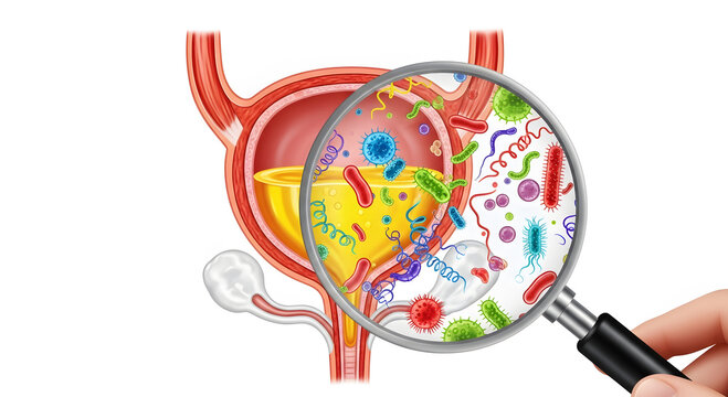 Magnified view of diverse bacteria and pathogens within a human urinary bladder microorganism