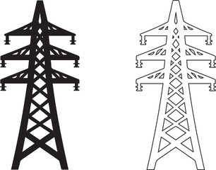 electric power transmission towers in black and white icon vector set.
