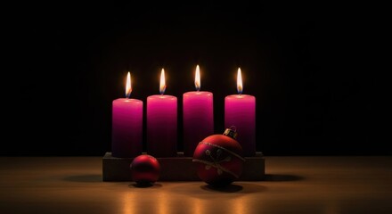 Four lit, vibrant purple Advent candles on a wooden stand, accompanied by two small, red Christmas ornaments, in a dark setting