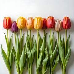 파노라마처럼 하얀 배경에 고립된 줄기와 잎을 가진 다채로운 튤립들, 봄꽃 시즌