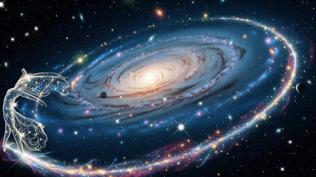 Cosmic dancer in vibrant galaxy with stars and planets