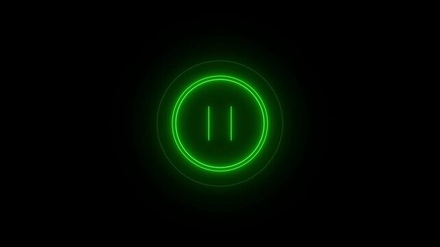 Glowing green neon pause button icon centered on a dark black background