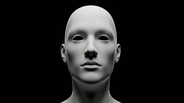 A stark, minimalist front-facing view of a white, featureless human head or bust against a deep black background with dramatic lighting.