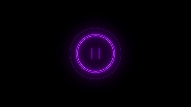 Glowing purple neon pause button icon centered on a dark black background