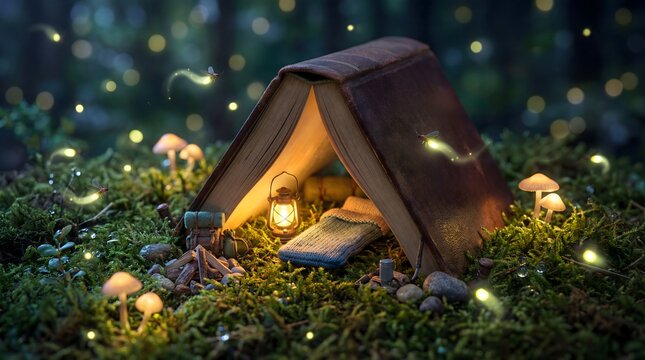 Cozy book tent in forest with glowing lantern and fireflies