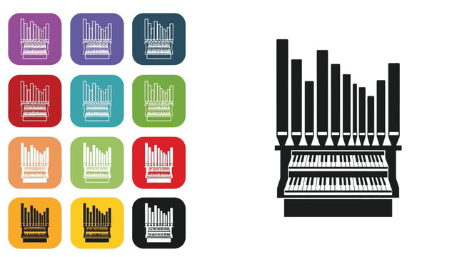 Black and white silhouette icon representing a classical church pipe organ with multiple keyboards displayed