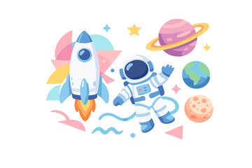 A colorful cartoon illustration of an astronaut floating in space next to a rocket ship, surrounded by planets like Saturn and Earth, stars, and abstract shapes on a black background. © icon_art