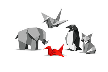 A collection of grey origami animals including an elephant, crane, penguin, and fox, with a single bright red paper crane in the center, all set against a solid black background.
