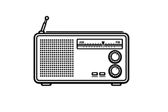 A black and white illustration of a vintage radio with an antenna, tuning dial, and two control knobs. The minimalist design features a speaker grille on a solid black background.