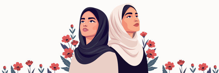 Emirati Women&rsquo;s Day. Vector horizontal banner with space for text. Two Arab Muslim women wearing hijabs look up against a light background with flowers. Symbols of support, dignity, empowerment