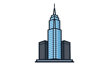 Obraz premium This flat vector graphic depicts a tall blue office building with a pointed spire and two shorter grey structures on either side, isolated on a dark black background.