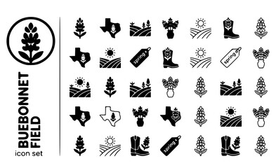 Naklejka premium Bluebonnet Field Texas-Wildflower State-Flower Flower-Silhouette Spring-Blooms Bluebonnet-Landscape Texas-Nature Vector Icon Set - Texas Flowers