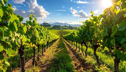 Obraz premium Vineyard Rows Under a Sunny Sky with Rolling Hills in the Distance.