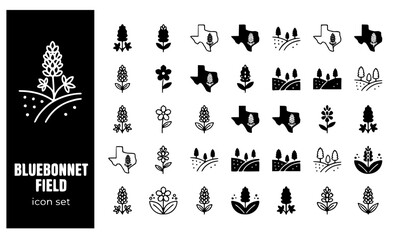 Obraz premium Bluebonnet Field Texas-Wildflower State-Flower Flower-Silhouette Spring-Blooms Bluebonnet-Landscape Texas-Nature Vector Icon Set - Texas Flowers