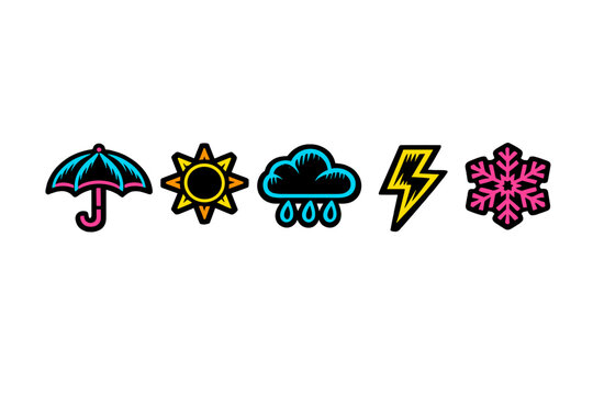 A set of five colorful neon weather icons including an umbrella, sun, rain cloud, lightning bolt, and snowflake, arranged in a horizontal row against a solid black background.