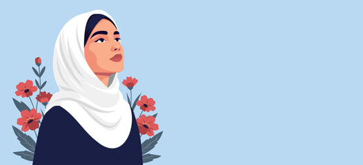 Emirati Women&rsquo;s Day. Vector horozontal banner with space for text. Muslim, Arab woman wearing a hijab looks up against a sky. Profile exudes calm, dignity, empowerment. For festive, cultural projects