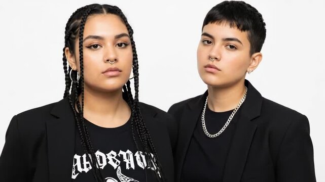 Two stylish individuals posing together in black outfits against a white background.