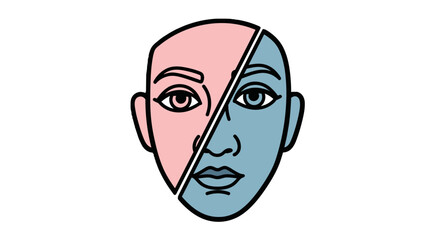 Abstract graphic illustration depicting human duality with a split face, contrasting distinct color palettes and facial expressions, symbolizing different emotions or aspects of personality