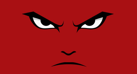 Bold vector illustration of an intensely angry face, with piercing white eyes and a minimalist dark frown, set against a vibrant red background, conveying strong fury and frustration