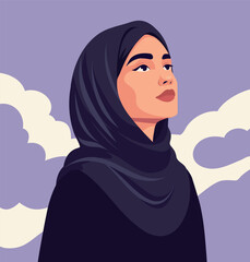 International Women's Day, March 8. Vector illustration a Muslim woman in a hijab looking up against a skyline. Her profile exudes calm, dignity, empowerment. Suitable for festive, cultural projects