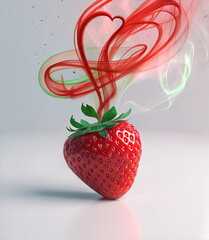 A vibrant red strawberry with a swirling heart of smoke above it