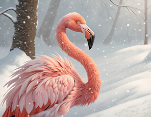 A pink flamingo stands alone in a snowy winter landscape with trees