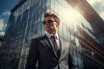 Fototapeta premium Confident young businessman in sunglasses and suit standing in front of a corporate skyscraper