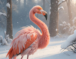 A pink flamingo stands alone in a snowy forest during winter.