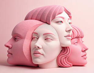 A surreal sculpture of multiple pink and white human faces stacked together