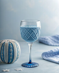 A blue wine glass with a knitted cover on a table with decorative items
