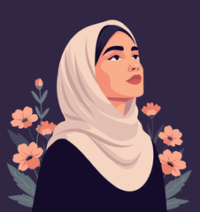 Women's Day, March 8. Vector illustration Muslim woman wearing a hijab, looking upward against a dark background with flowers. Profile exudes calm, dignity, empowerment. For festive, cultural projects