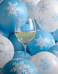 A glass of white wine surrounded by blue and white balloons with snowflakes