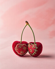 Two red cherries with gold embroidery on a pink background