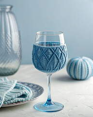 A blue wine glass with a decorative sleeve on a table setting