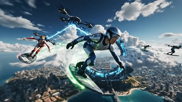 Futuristic surfers in sleek metallic suits ride glowing hoverboards, propelled by drones emitting blue energy beams over a sprawling cityscape.