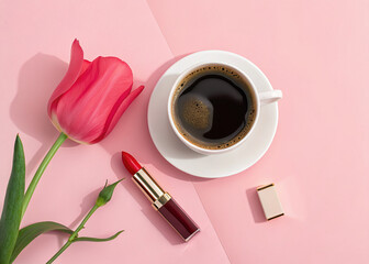 A cup of coffee and a pink tulip on a pink background with lipstick
