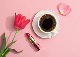 A cup of coffee and red lipstick on a pink background with a tulip
