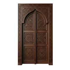 Exquisitely Carved Wooden Islamic Door with Arch and Traditional Arabesque Patterns.