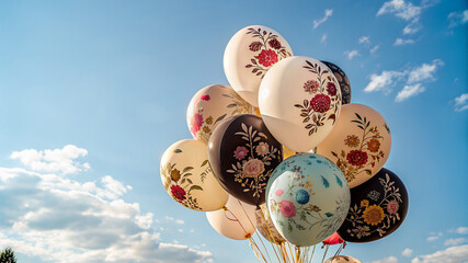 A bunch of colorful balloons with floral patterns floating in the sky