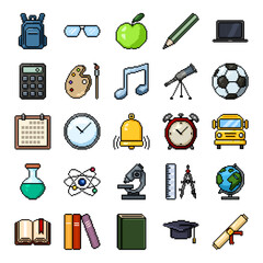 Vector Set of Pixel Art Education Icons.