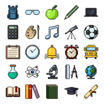 Vector Set of Pixel Art Education Icons.